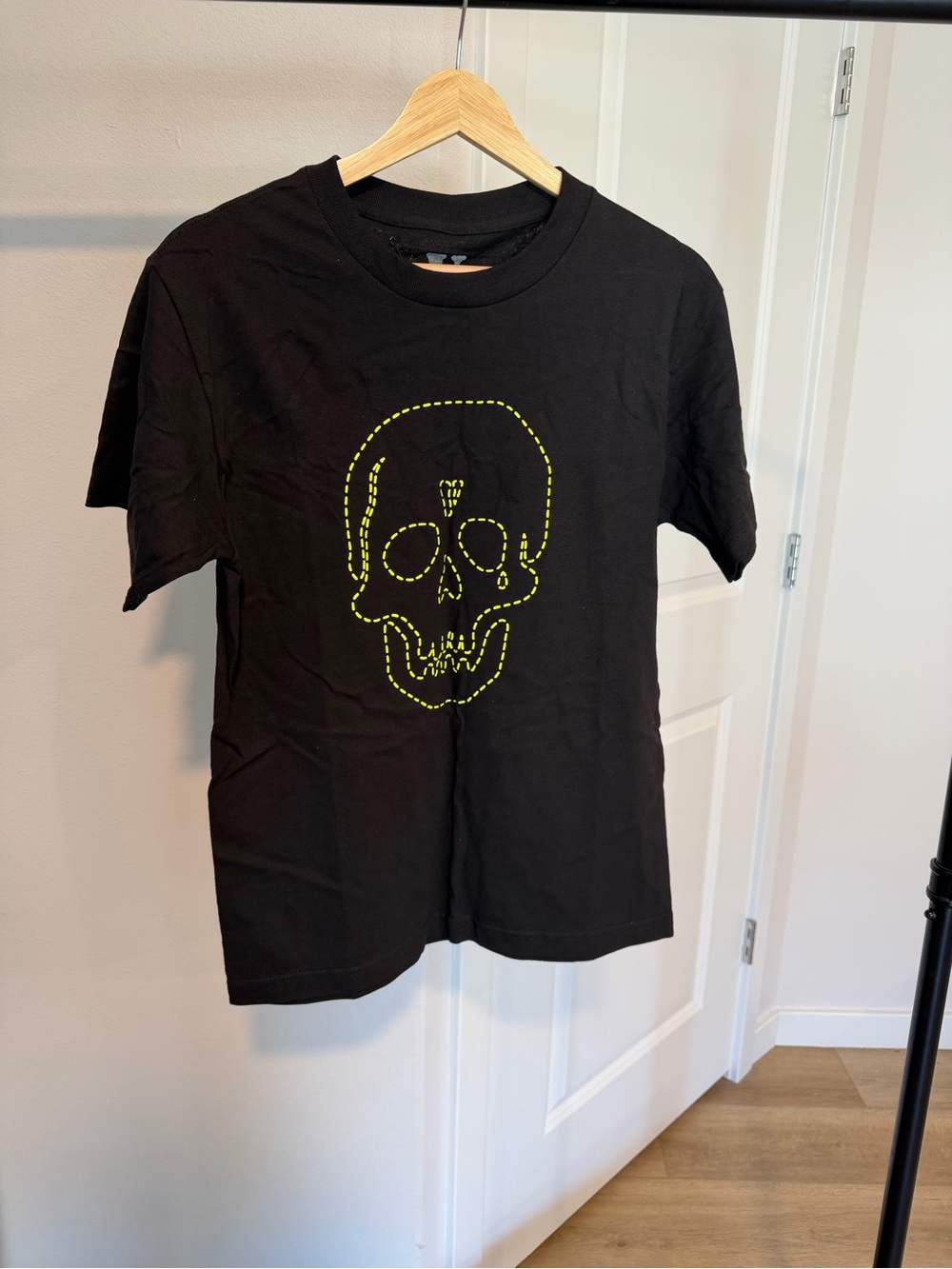 Neighborhood Black Short Sleeve Tee with Neon Yellow Skull Stitch